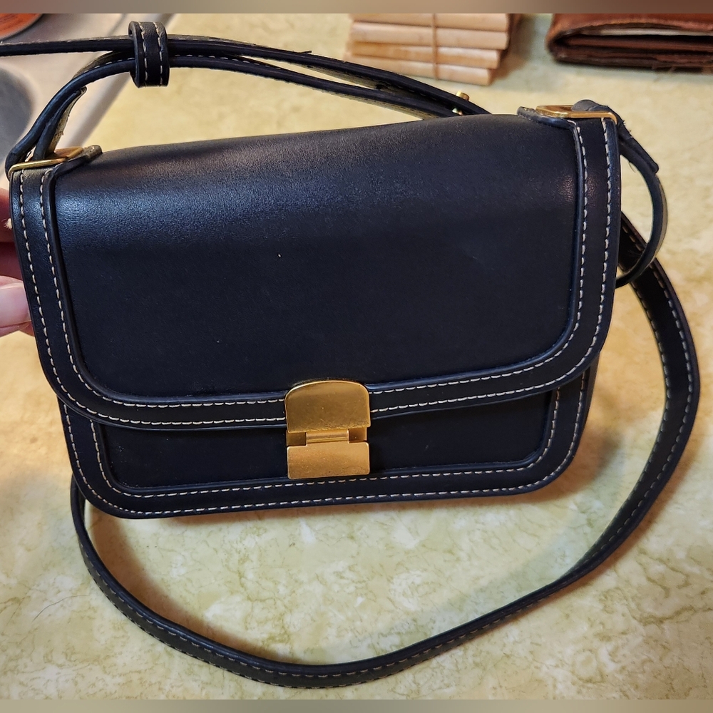 MNG Navy Blue Crossbody Bag with Gold Clasp